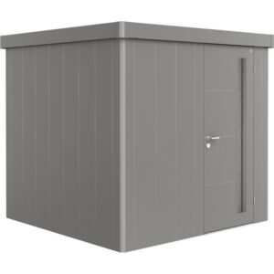 Casetta da giardino Biohort Neo 2B in grigio quarzo metallizzato con porta standard. Casetta in metallo.