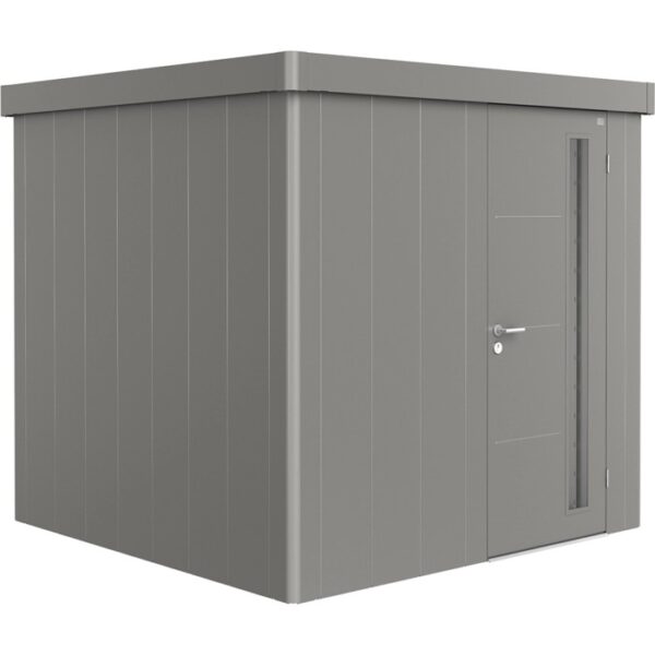 Casetta da giardino Biohort Neo 2B in grigio quarzo metallizzato con porta standard. Casetta in metallo.