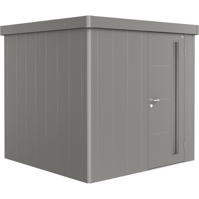 Casetta da giardino Biohort Neo 2B in grigio quarzo metallizzato con porta standard. Casetta in metallo.