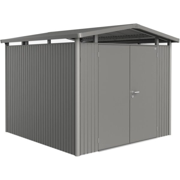Casetta da giardino in metallo Biohort Panorama, grigio quarzo, 6,6 m², con doppia porta. Ideale per riporre gli oggetti in giardino.