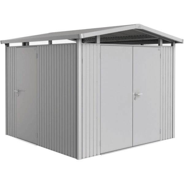 Casetta da giardino in metallo Biohort Panorama, argento, 6,6 m² di superficie.