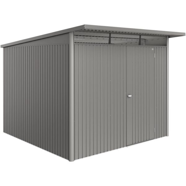 Casetta da giardino in metallo Biohort AvantGarde ECO Gr. A7 in grigio quarzo metallizzato con porta standard.