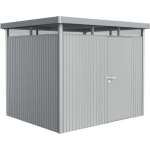 Casetta da giardino in metallo Biohort HighLine, argento-metallizzato, con porta singola. Design compatto per utensili da giardino.