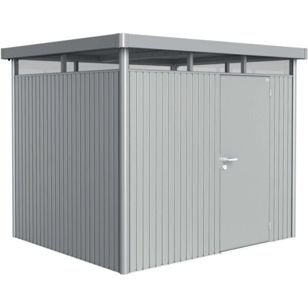 Casetta da giardino in metallo Biohort HighLine, argento-metallizzato, con porta singola. Design compatto per utensili da giardino.