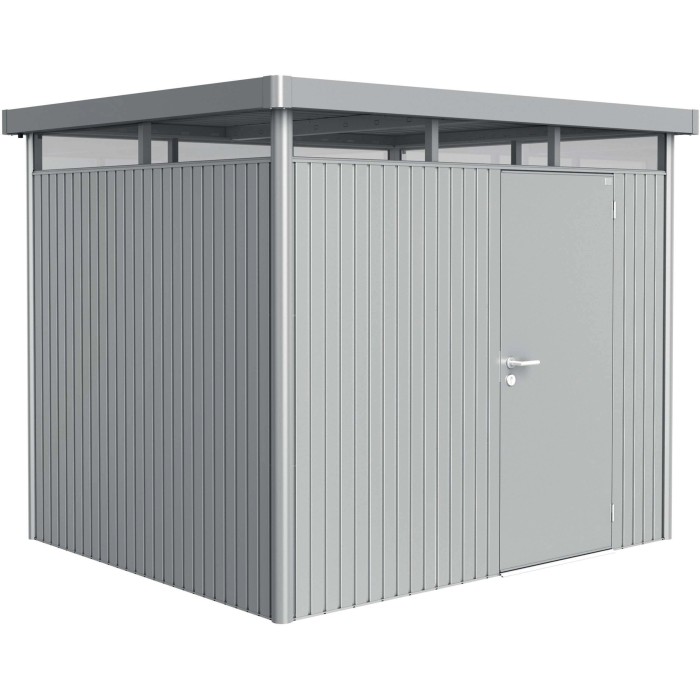 Casetta da giardino in metallo Biohort HighLine, argento-metallizzato, con porta singola. Design compatto per utensili da giardino.
