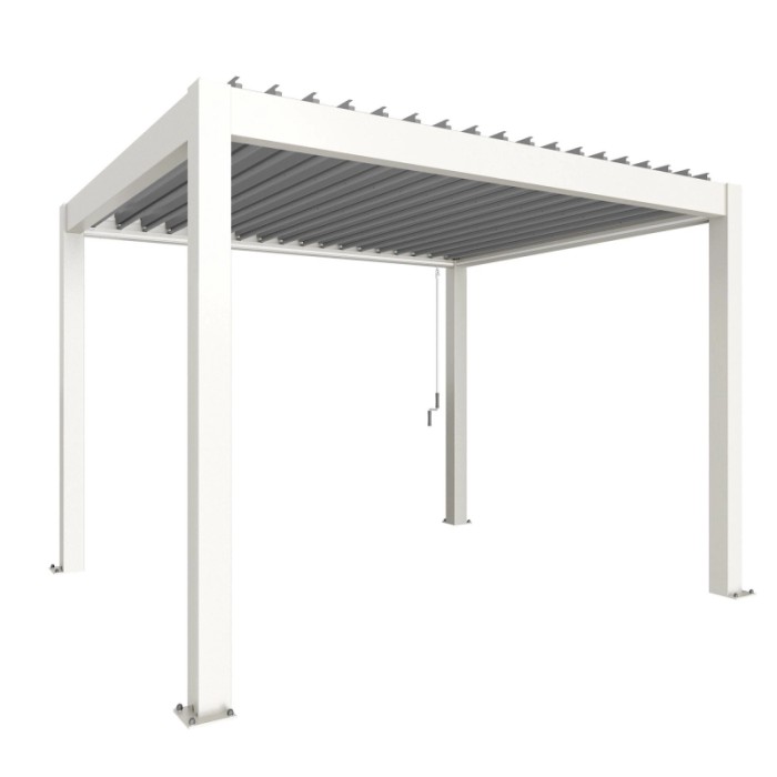 Pergola Biohort 3,5x3 m bianco-argento: copertura moderna per terrazzi con lamelle regolabili.