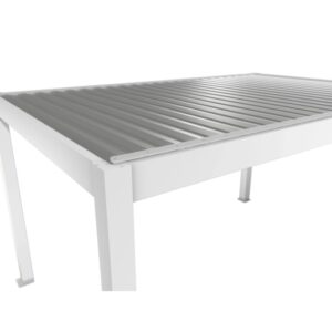Dettaglio della pergola Biohort 3,5 m x 3 m in bianco-argento, copertura per patio con tetto a lamelle.