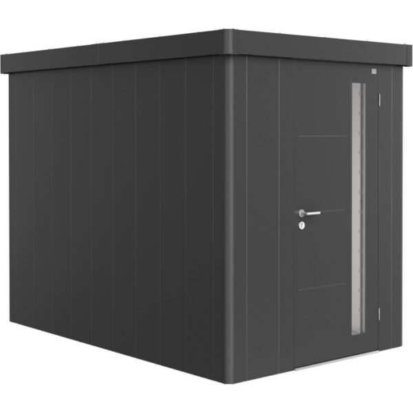 Casetta da giardino Biohort Neo 3A in grigio scuro metallizzato con porta standard e finestra.