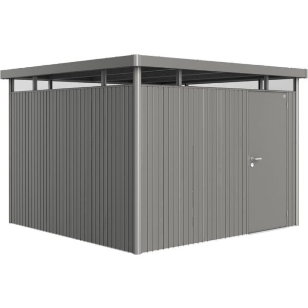 Casetta da giardino Biohort HighLine, misura H6, grigio quarzo metallizzato con porta standard. Design moderno a tetto piatto.