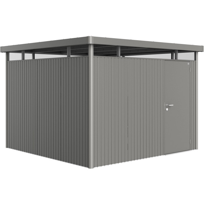 Casetta da giardino Biohort HighLine, misura H6, grigio quarzo metallizzato con porta standard. Design moderno a tetto piatto.