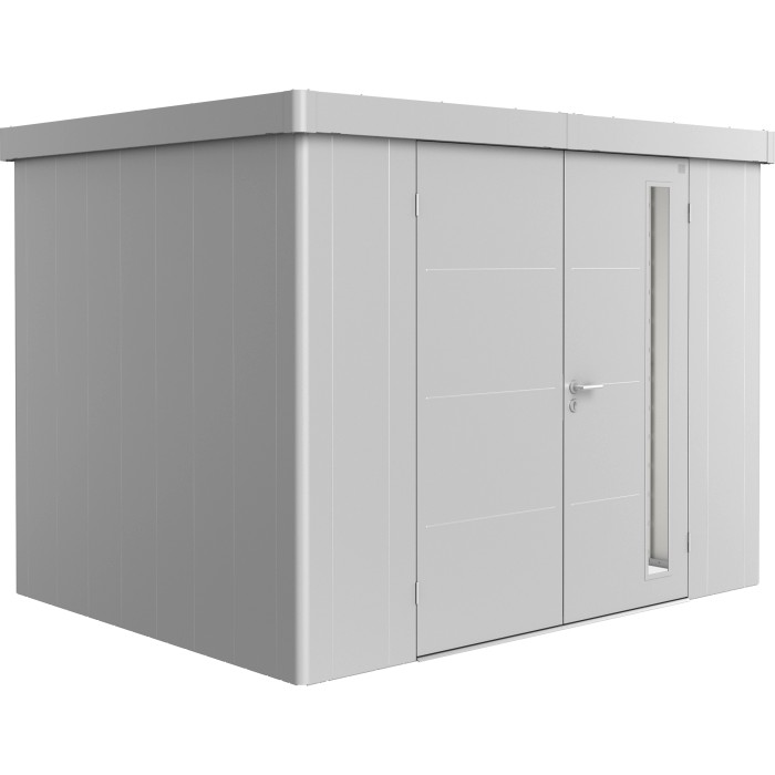 Casetta da giardino Biohort Neo 2C con doppia porta in argento metallizzato. Design moderno per giardino o cortile.