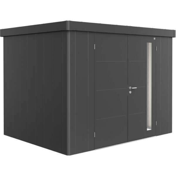 Moderno capanno da giardino Biohort Neo 2C grigio scuro con doppia porta e finestra.