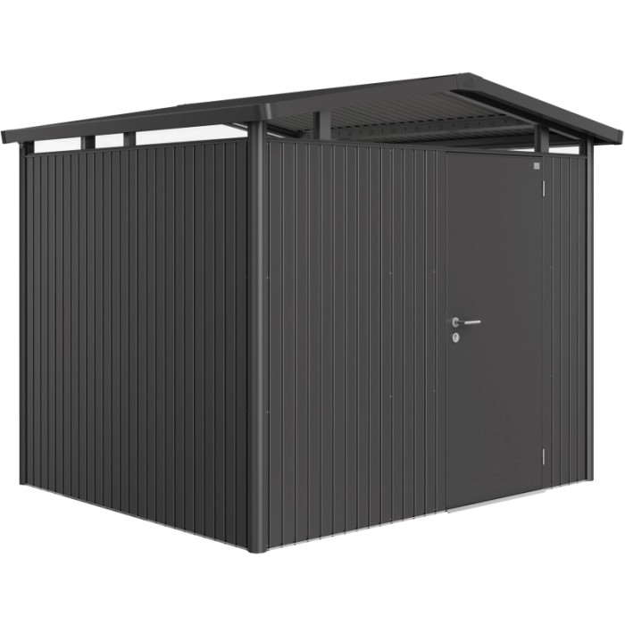 Casetta da giardino in metallo Biohort Panorama, grigio scuro, 5,6 m², con porta. Ideale per riporre gli oggetti in giardino.