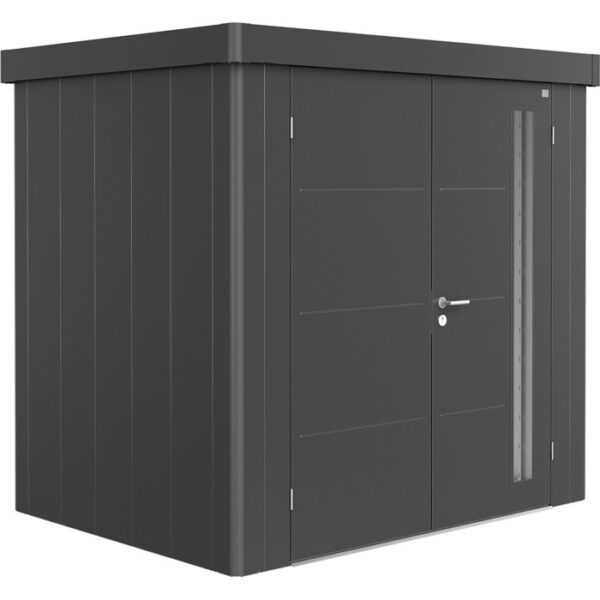Casetta da giardino Biohort Neo 1B con doppia porta in grigio scuro metallizzato. Design moderno per il giardino.