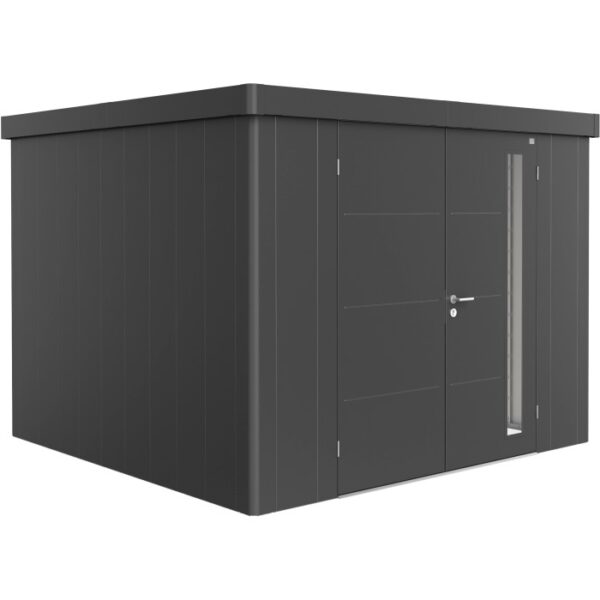 Casetta da giardino Biohort Neo 3C con doppia porta in grigio scuro metallizzato. Design moderno per il giardino.