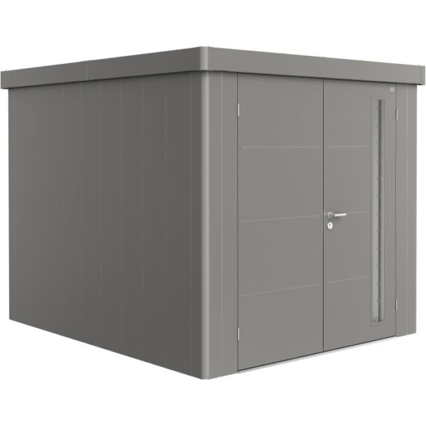 Casetta da giardino Biohort Neo 3B in grigio quarzo metallizzato con doppia porta. Casetta in metallo per giardino.