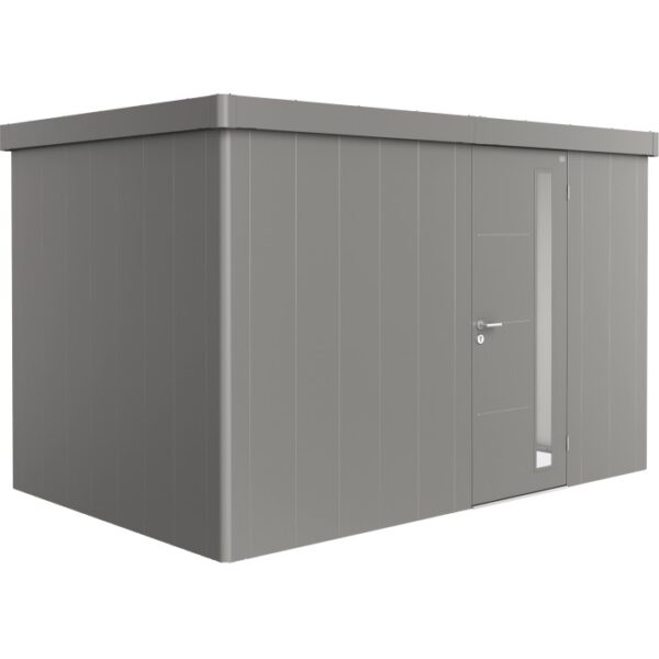 Moderna casetta da giardino Biohort Neo 2D grigia con porta standard. Ideale per riporre gli oggetti in giardino.