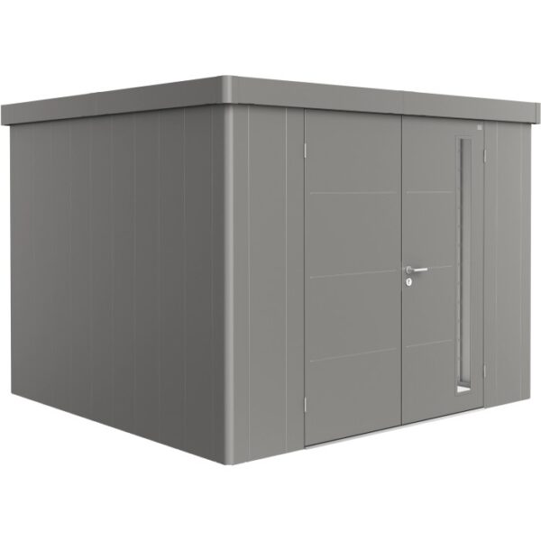 Casetta da giardino Biohort Neo 3C in grigio quarzo metallizzato con doppia porta. Casetta in metallo.