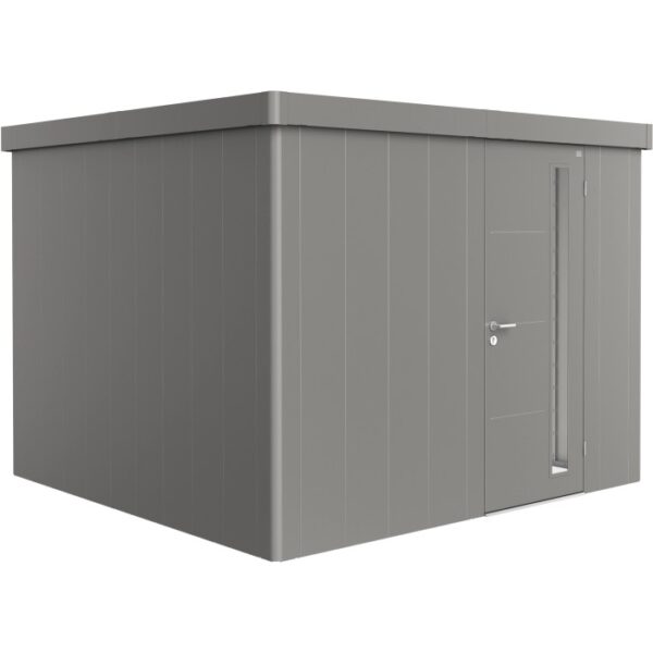 Casetta da giardino Biohort Neo 3C in grigio quarzo metallizzato con porta standard. Casetta in metallo per il giardino.