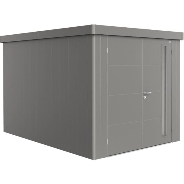 Casetta da giardino Biohort Neo 4B in grigio quarzo metallizzato con doppia porta. Casette da giardino per esterni.