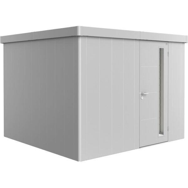 Casetta da giardino Biohort Neo 3C in metallo argentato con porta standard. Robusta casetta in metallo.