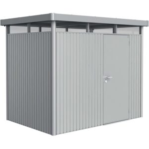 Casetta da giardino in metallo Biohort HighLine, 4,6 m², argento metallizzato con porta singola.