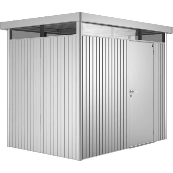 Casetta da giardino in metallo Biohort HighLine, 4,6 m², argento metallizzato con porta singola.