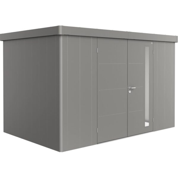 Casetta da giardino Biohort Neo 2D in grigio quarzo metallizzato con doppia porta e finestra.