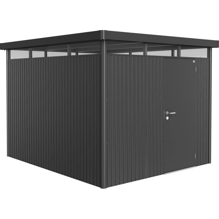 Casetta da giardino Biohort HighLine, grigio scuro metallizzato, con porta singola. Casetta in metallo per giardino.