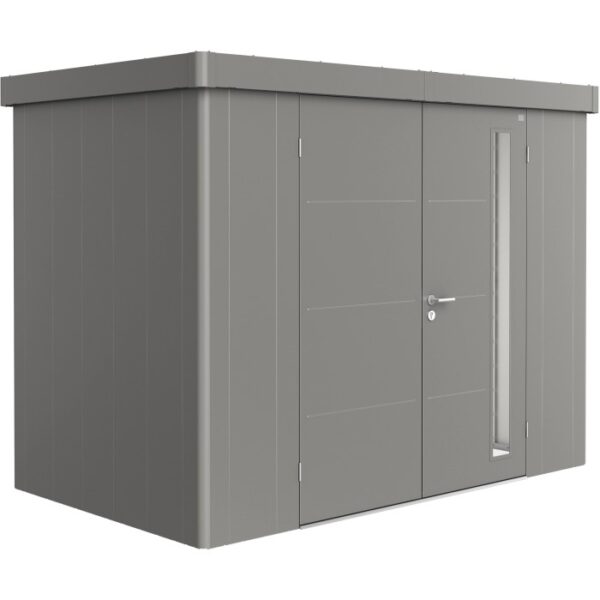 Casetta da giardino Biohort Neo 1C in grigio quarzo metallizzato con doppia porta. Casetta in metallo per giardino.