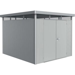 Casetta da giardino in metallo Biohort HighLine, 7,6 m², argento metallizzato con doppia porta.