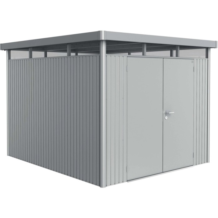 Casetta da giardino in metallo Biohort HighLine, 7,6 m², argento metallizzato con doppia porta.