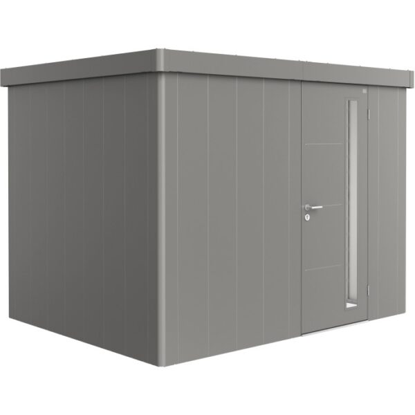 Casetta da giardino Biohort Neo 2C in grigio quarzo metallizzato con porta standard. Casetta moderna per il giardino.