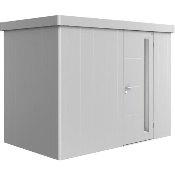 Casetta da giardino Biohort Neo 1C in metallo argentato con porta standard. Casette da giardino.