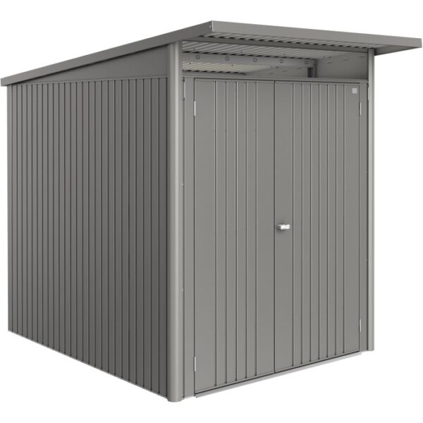 Casetta da giardino in metallo Biohort AvantGarde ECO Gr. A2, grigio quarzo metallizzato, con doppia porta.