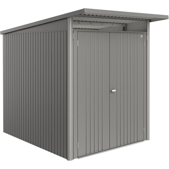 Casetta da giardino in metallo Biohort AvantGarde ECO Gr. A2, grigio quarzo metallizzato, con doppia porta.