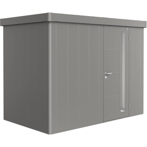 Casetta da giardino Biohort Neo 1C in grigio quarzo metallizzato con porta standard. Casetta in metallo per il giardino.