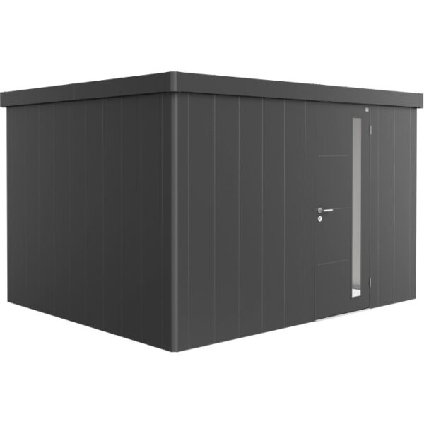 Casetta da giardino Biohort Neo 3D in grigio scuro metallizzato con porta standard e finestra.
