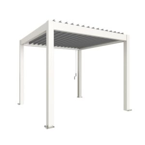 Pergola Biohort 3x3 m bianco-argento: Copertura moderna per patio con lamelle regolabili.