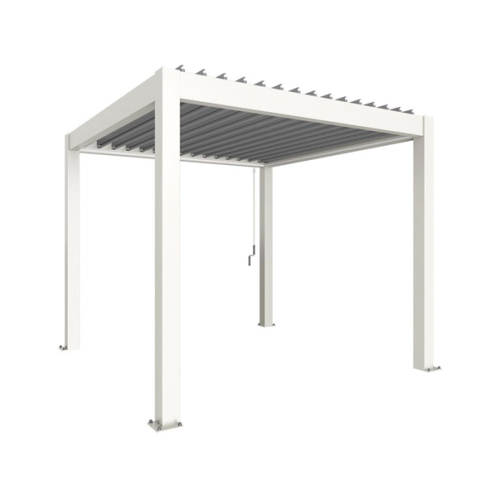 Pergola Biohort 3x3 m bianco-argento: Copertura moderna per patio con lamelle regolabili.