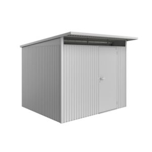 Casetta da giardino in metallo AvantGarde A6 color argento metallizzato con porta standard.