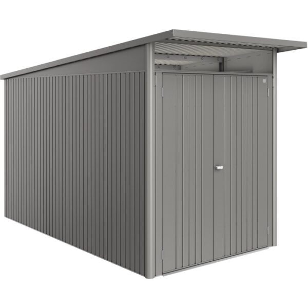 Casetta da giardino in metallo Biohort AvantGarde ECO Gr. A4, grigio quarzo-metallizzato con doppia porta.