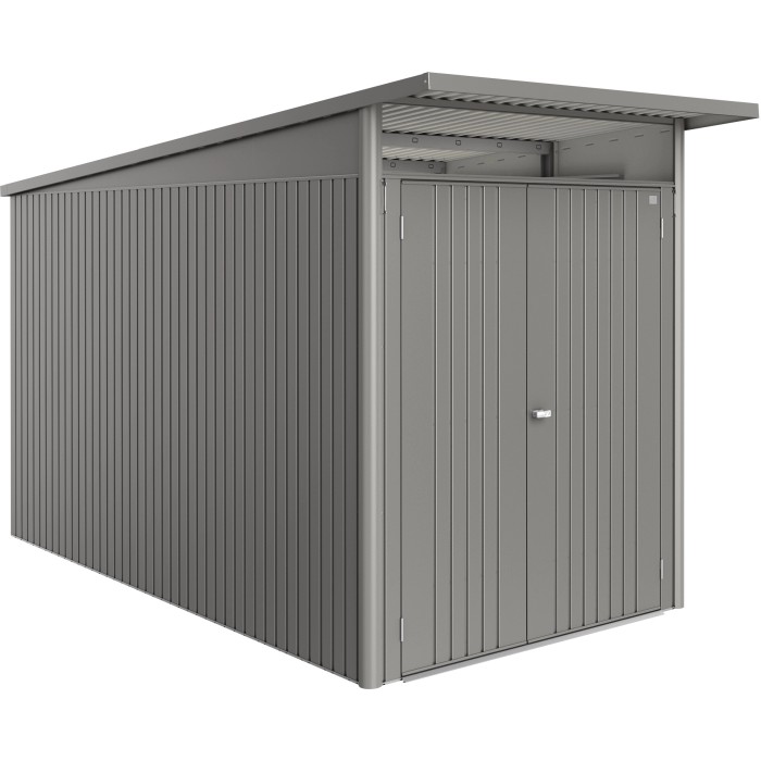 Casetta da giardino in metallo Biohort AvantGarde ECO Gr. A4, grigio quarzo-metallizzato con doppia porta.