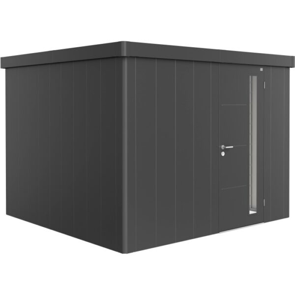 Casetta da giardino Biohort Neo 3C in grigio scuro metallizzato con porta standard. Design moderno per il tuo giardino.