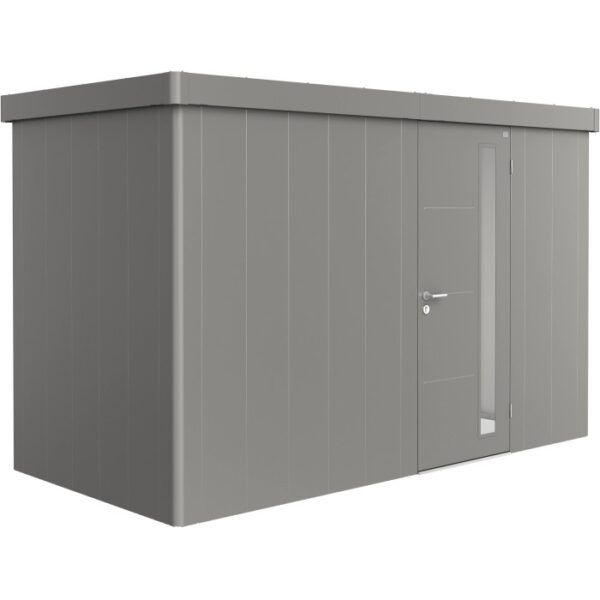 Casetta da giardino Biohort Neo 1D in grigio quarzo metallizzato con porta standard. Casetta in metallo.