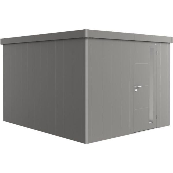 Casetta da giardino Biohort Neo 4C in grigio quarzo metallizzato con porta standard. Design moderno per il giardino.