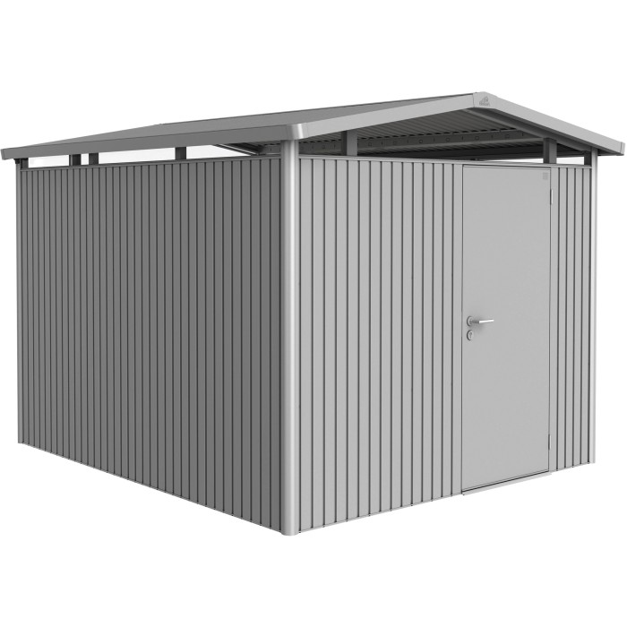 Casetta da giardino in metallo Biohort Panorama, 7,6 m², argento: Robusta casetta con porta.
