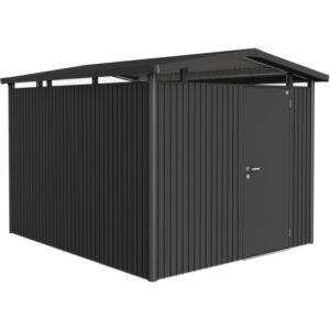 Casetta da giardino in metallo Biohort Panorama, grigio scuro, 7,6 m² con porta.