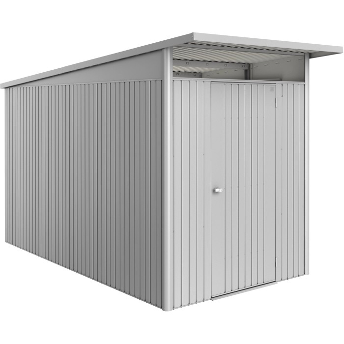 Casetta da giardino Biohort AvantGarde ECO A4, argento metallizzato, con porta standard. Casetta in metallo.