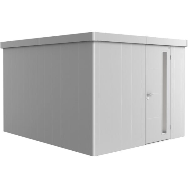 Casetta da giardino Biohort Neo 4C, porta standard, argento metallizzato. Casetta in metallo con tetto piatto e porta.